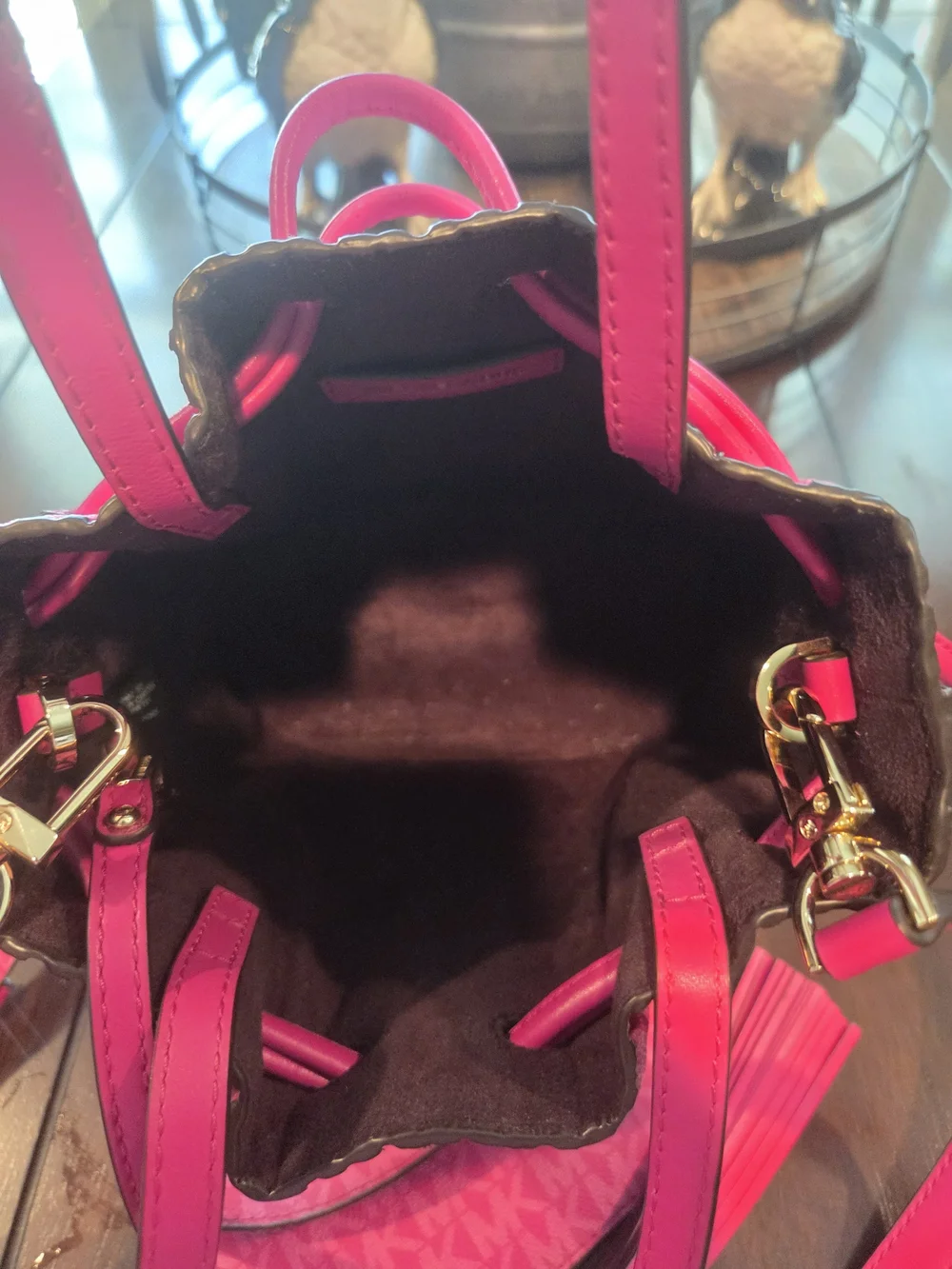 Michael Kors Pink Drawstring Pleated Bucket Bag Raspberry Signature Crossbody.